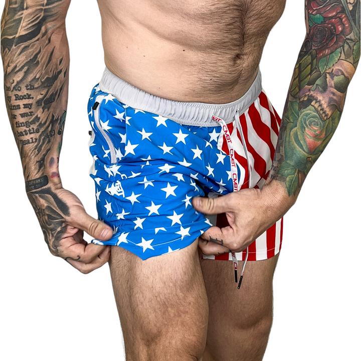 Men's workout shorts perfect for weight lifting and swimming. #color_american-flag