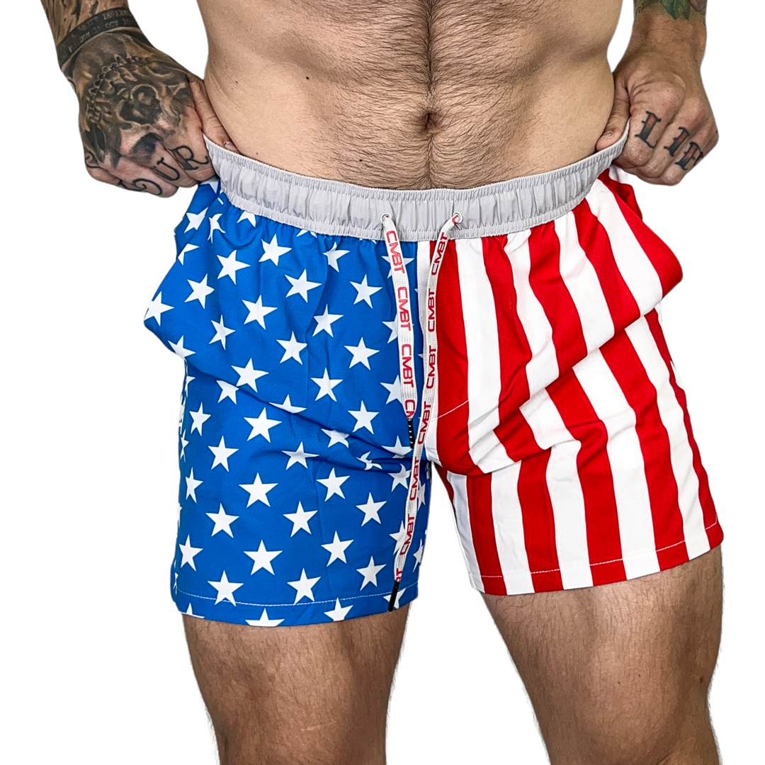 Men's workout shorts perfect for weight lifting and swimming. #color_american-flag