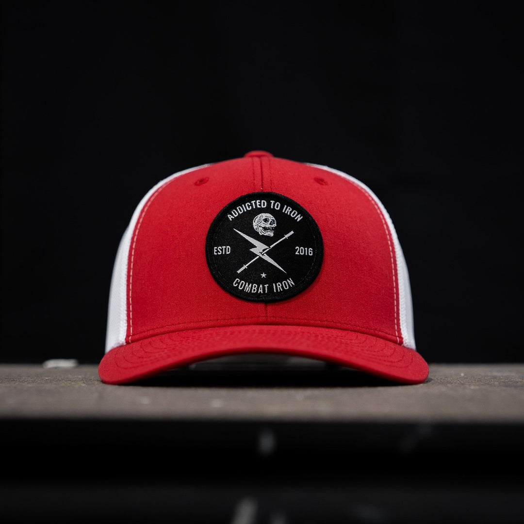 Addicted to iron mesh mid-profile snapback hat #color_red-white
