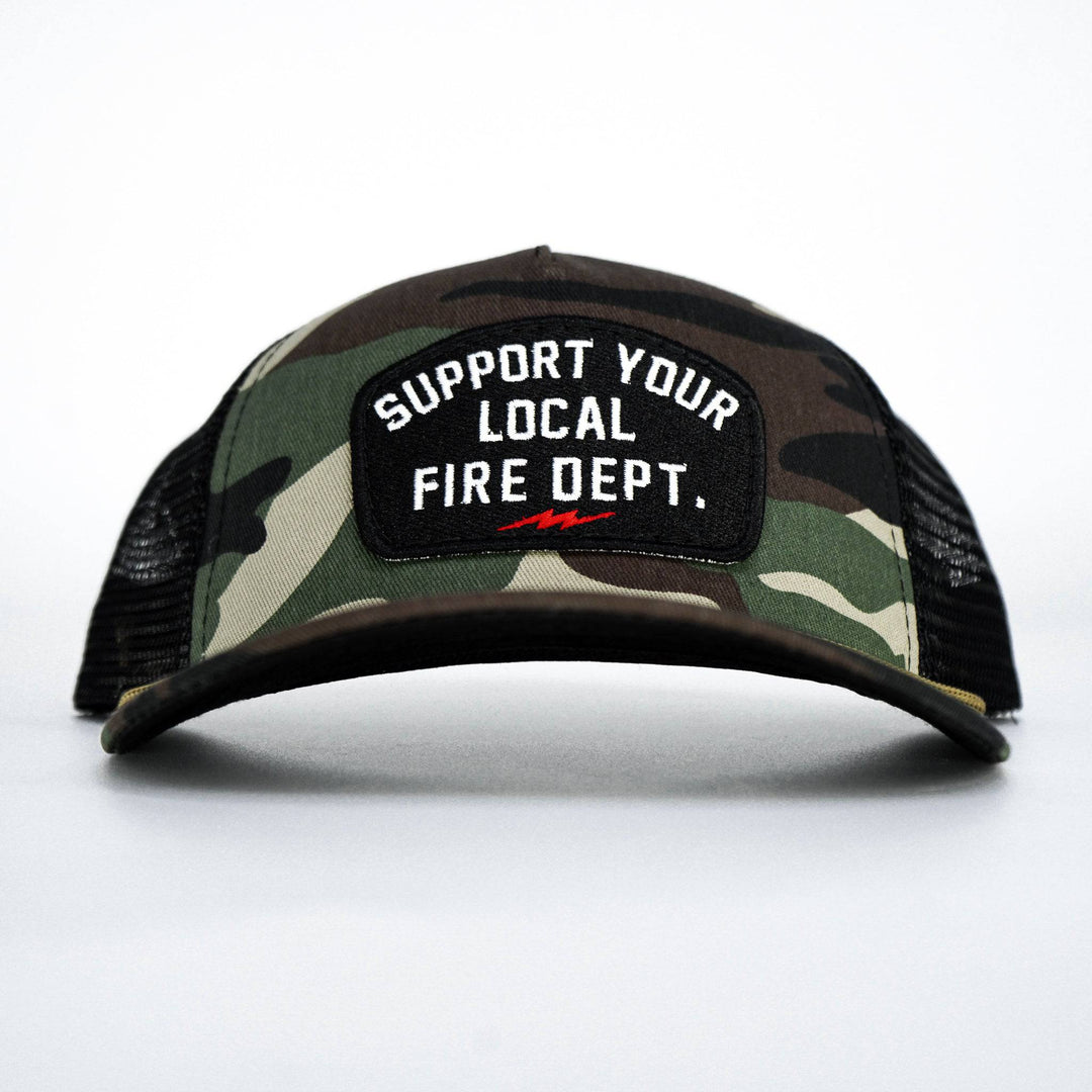 A camo retro rope snapback with a black patch saying “Support your local fire dept.” in white letters #color_bdu-camo-black