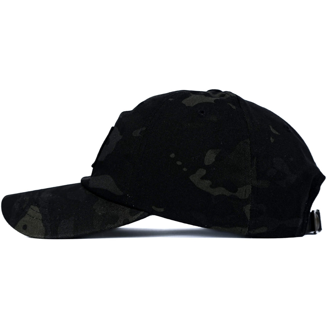 CMBT subdued tactical woven patch dad hat in dark camo print #color_black-bdu