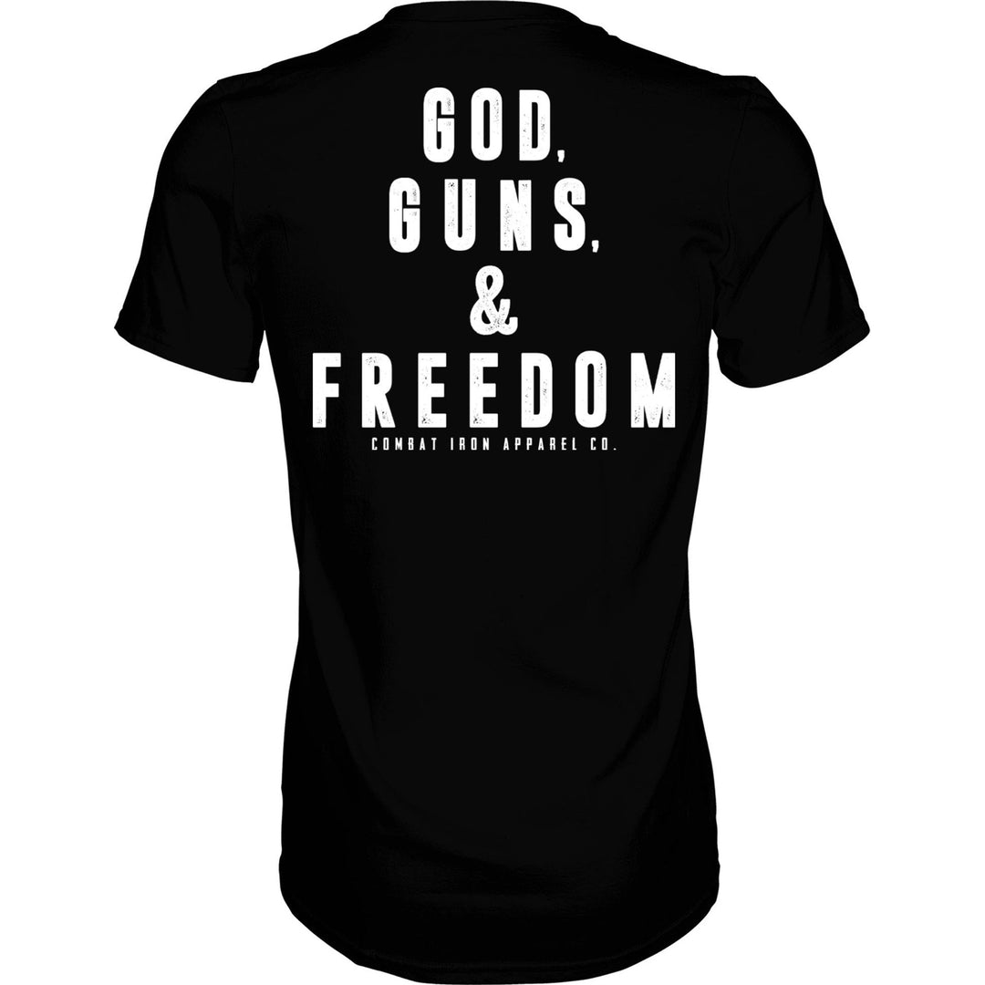 Men’s black t-shirt with the words “God, guns, & freedom” in white on the front #color_black