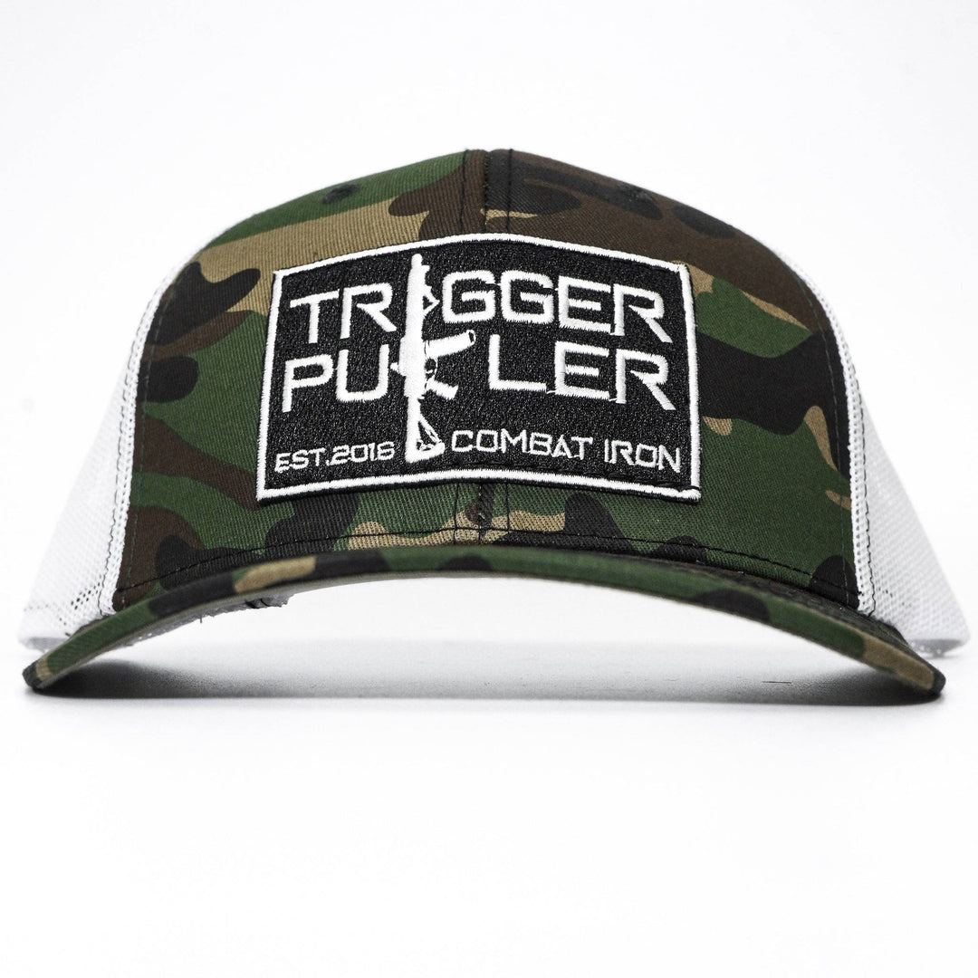 A mid-profile mesh snapback with the words “Trigger puller” on the front in white #color_bdu-camo-white