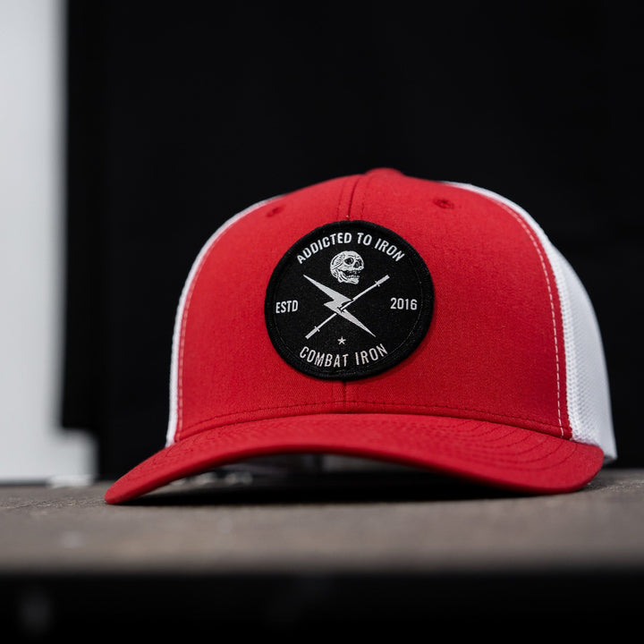 Addicted to iron mesh mid-profile snapback hat #color_red-white