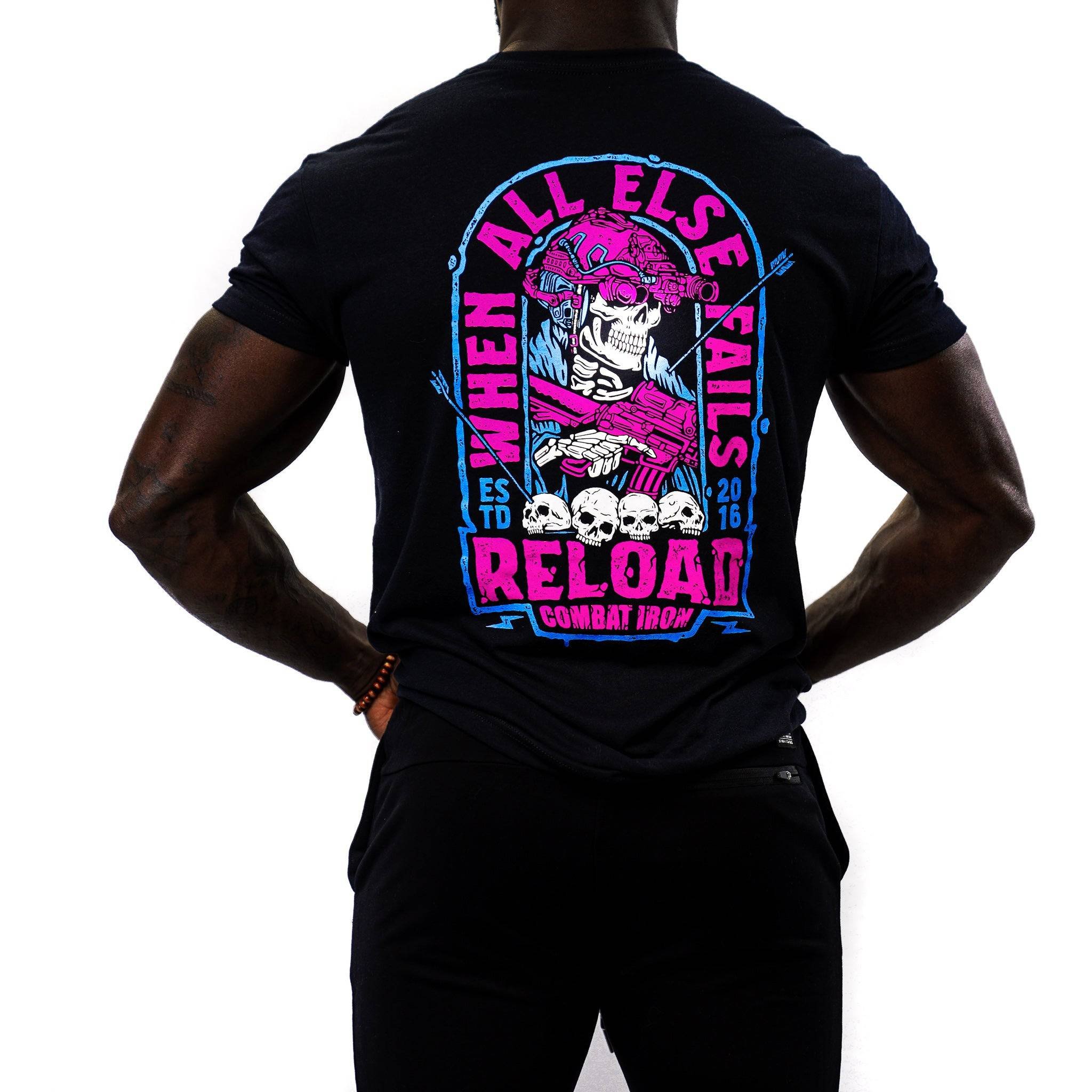 Men’s t-shirt with the words “When all else fails, reload” with a skull on the front  #color_black