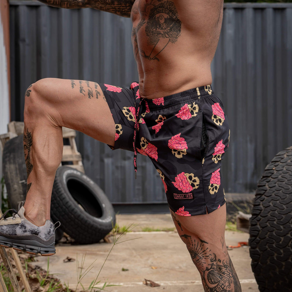 Men’s above the knee lifestyle shorts with mesh #color_bdu-skull-cupcake