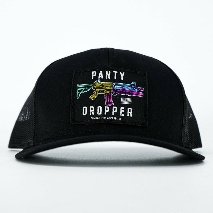 Panty dropper mid-profile mesh snapback hat in all black with a colorful patch #color_black-black