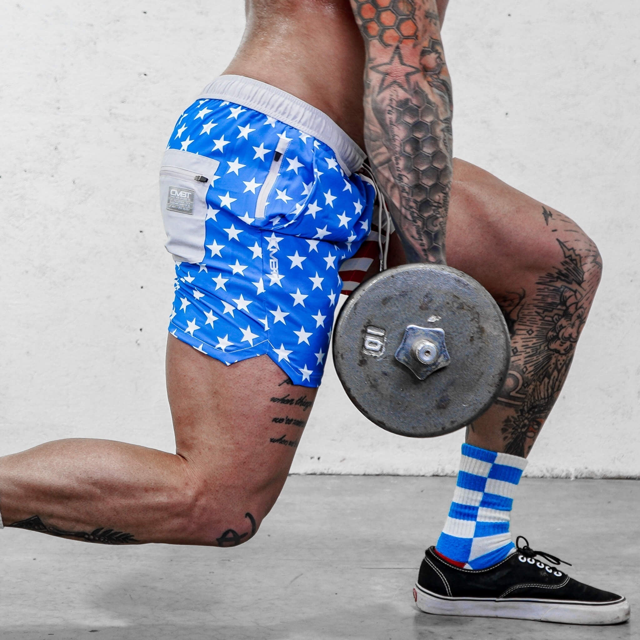 Men's workout shorts perfect for weight lifting and swimming. #color_american-flag