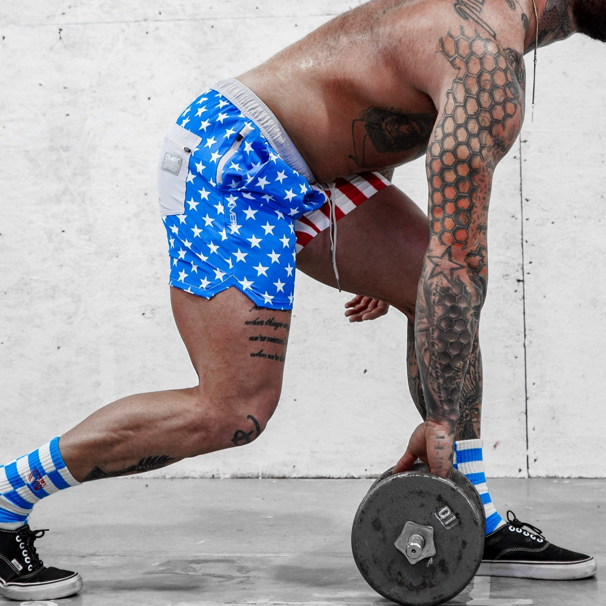 Men's workout shorts perfect for weight lifting and swimming. #color_american-flag