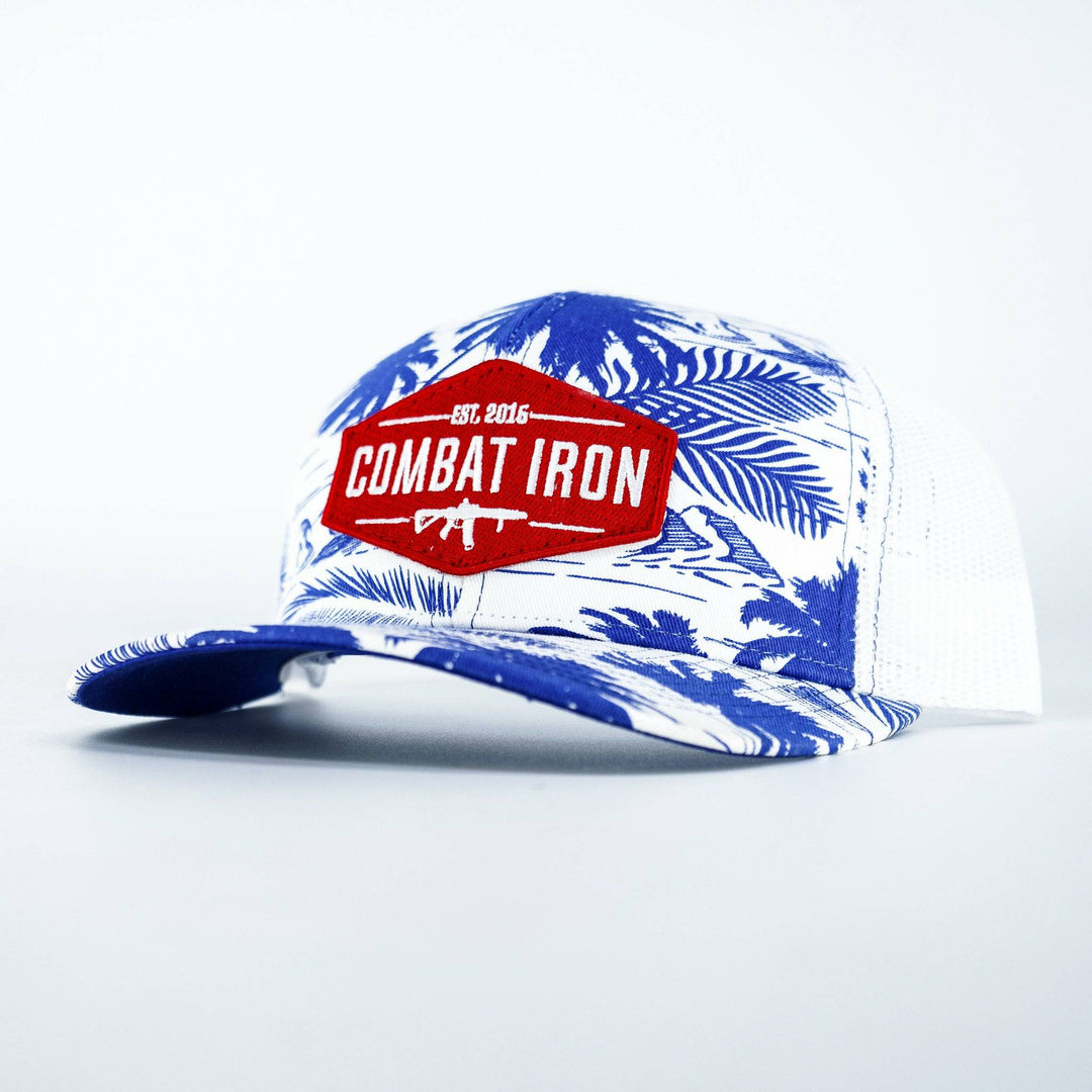 Combat branded patch mid-profile mesh snapback with a black and white patch on the front #color_blue-palm