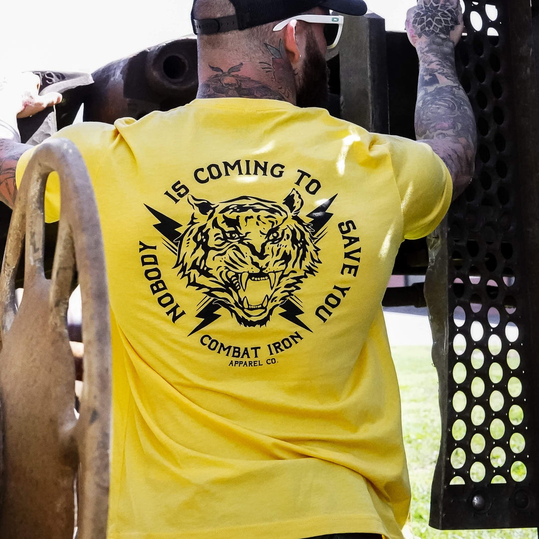 Men’s t-shirt with the message “Nobody is coming to save you” #color_yellow