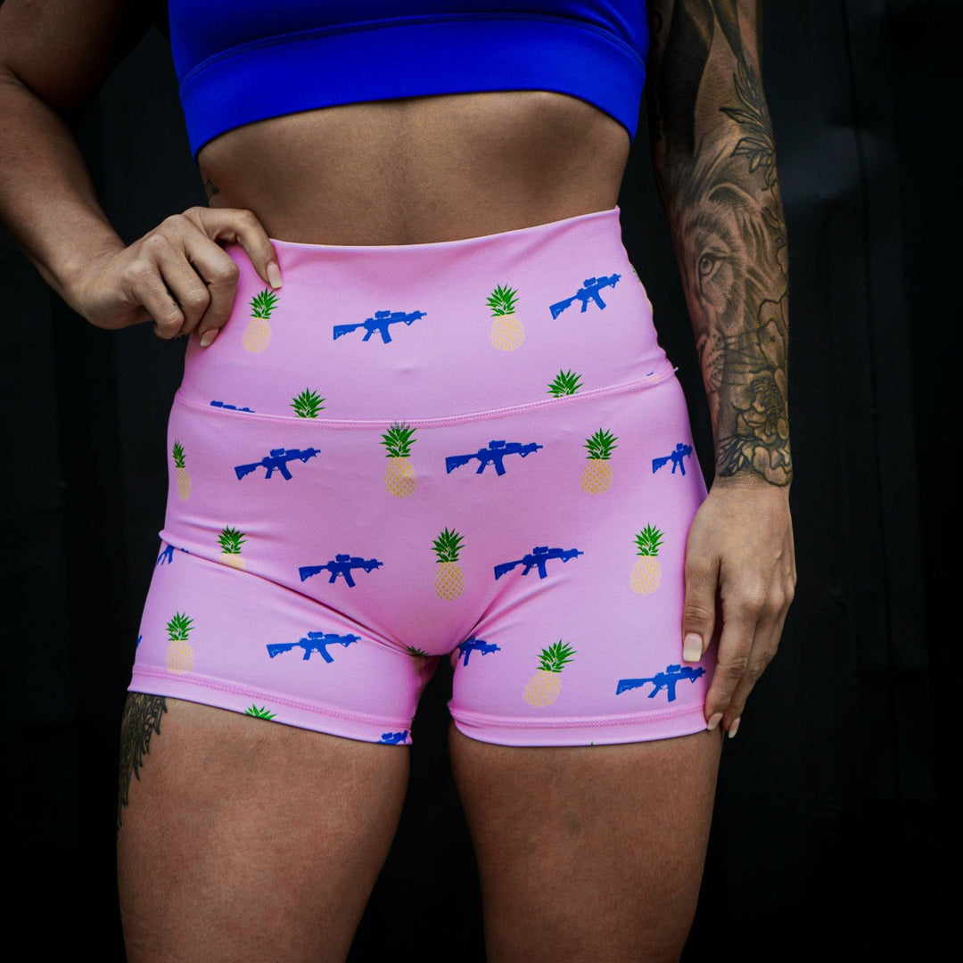 High-waist ladies' compression shorts for women, in pink with ARs and pineapples #color_pink-operator