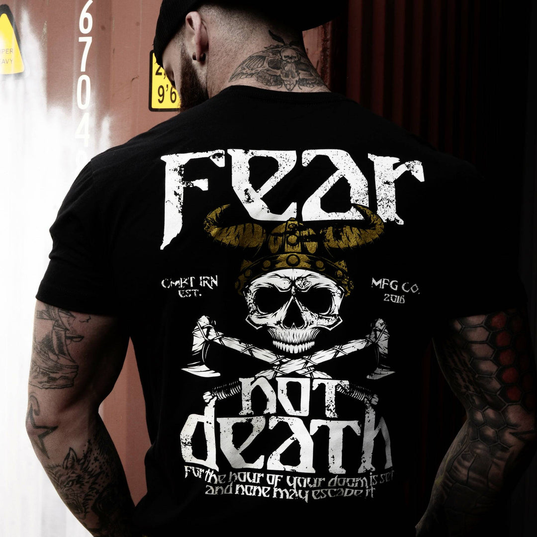 A black t-shirt with the words “Fear not death” with a viking warrior #color_black