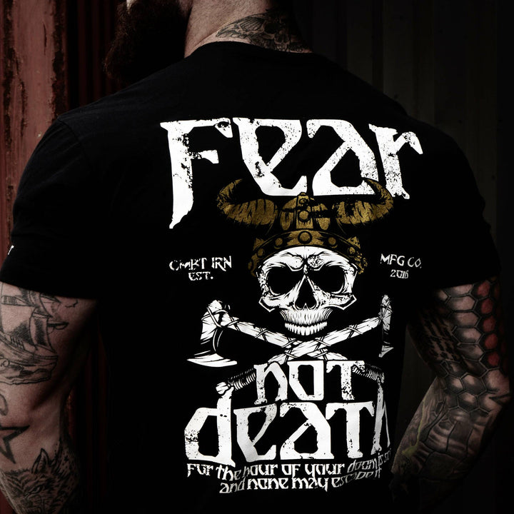 A black t-shirt with the words “Fear not death” with a viking warrior #color_black