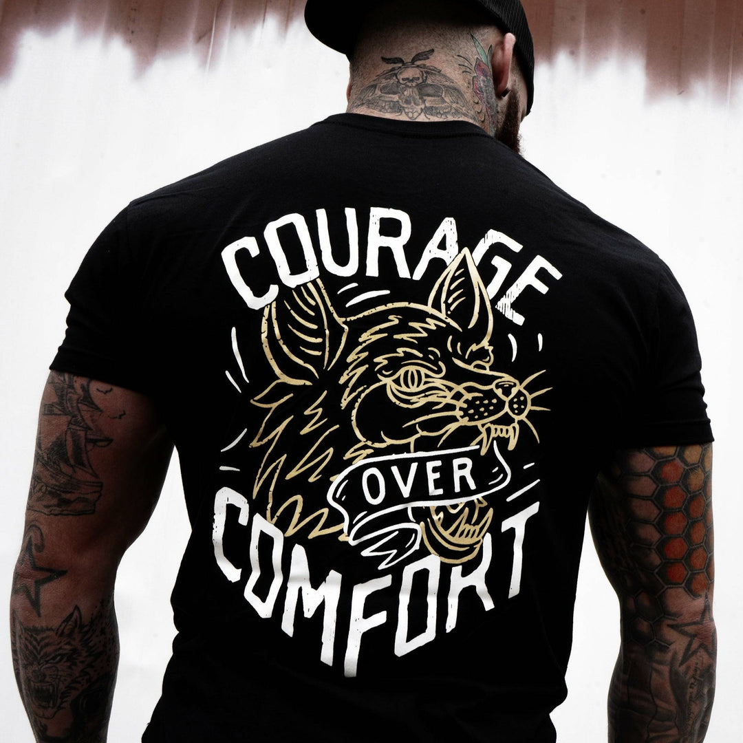 Courage over comfort - wolf edition, men’s t-shirt in black with yellow details #color_black