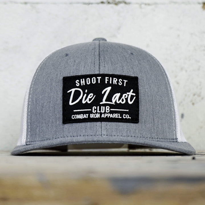 Shoot first. Die last. Club patch mid-profile mesh snapback  #color_gray-white