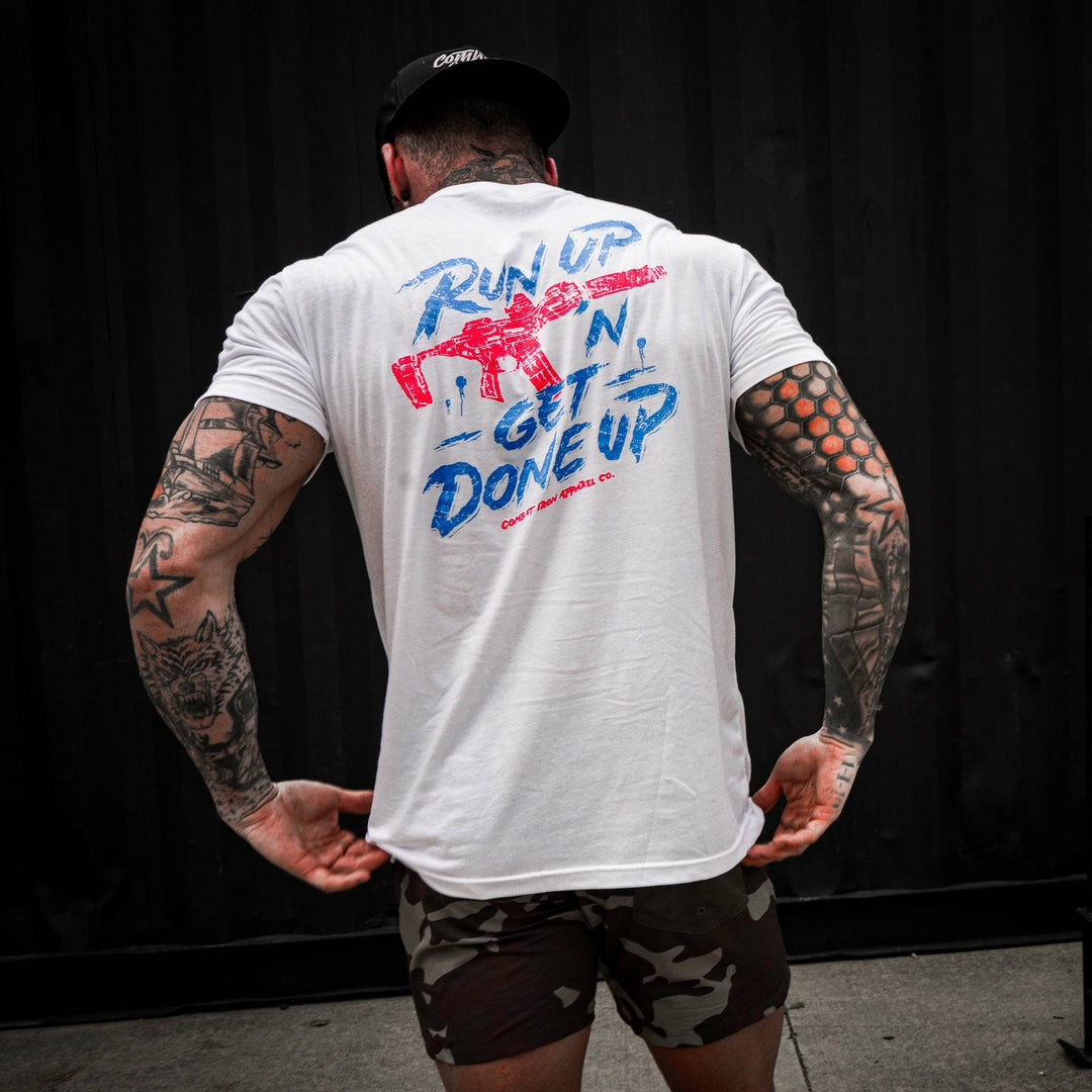 Men’s t-shirt with the message “Run up ‘n get done up” with an AR  #color_white