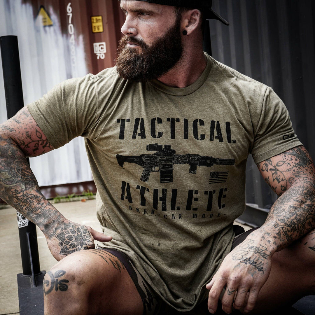 Tactical athlete American-made, men’s t-shirt in olive green with black letters and design #color_military-green 