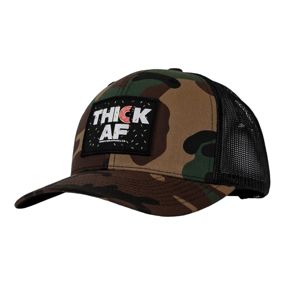 Thick AF donut edition patch mid-profile mesh snapback hat with pink and white details #color_bdu-camo-black