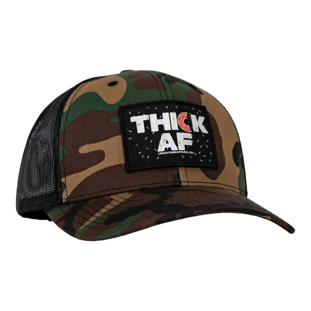 Thick AF donut edition patch mid-profile mesh snapback hat with pink and white details #color_bdu-camo-black