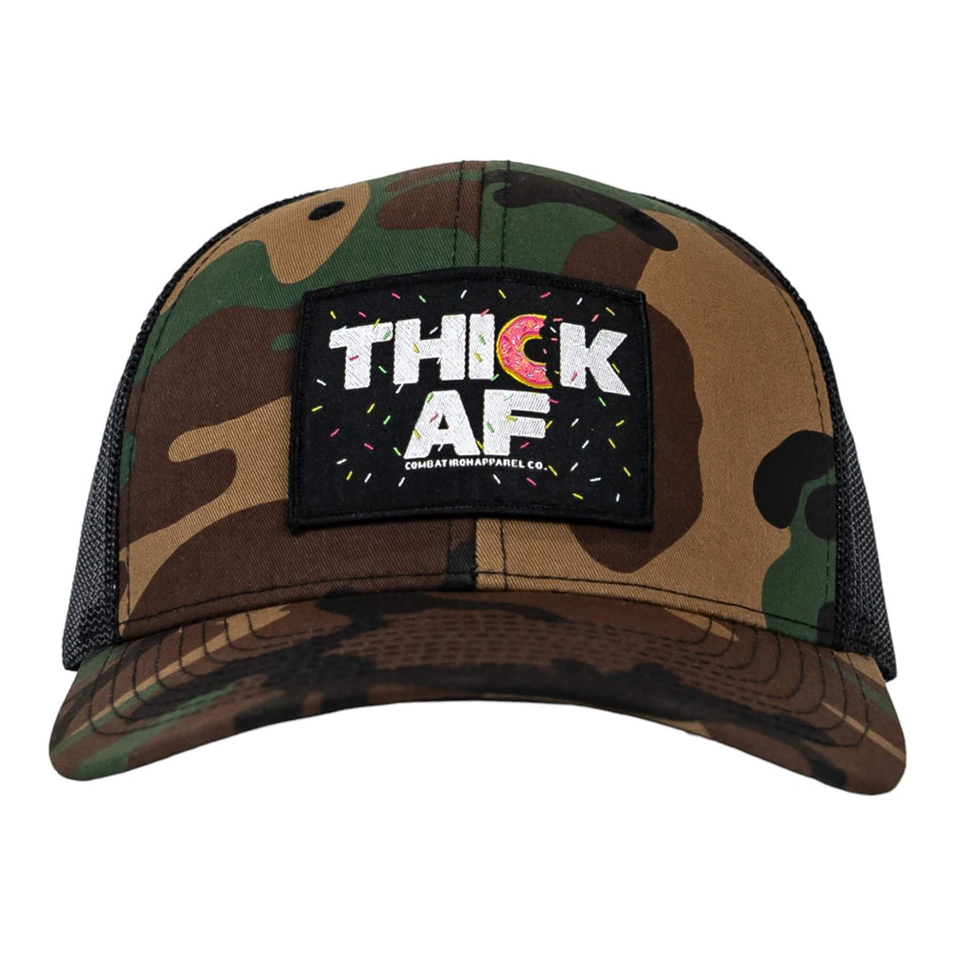 Thick AF donut edition patch mid-profile mesh snapback hat with pink and white details #color_bdu-camo-black