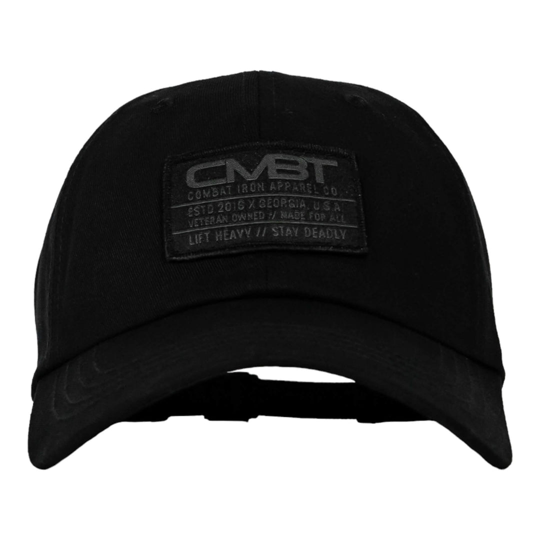 CMBT subdued tactical woven patch dad hat in dark camo print #color_black