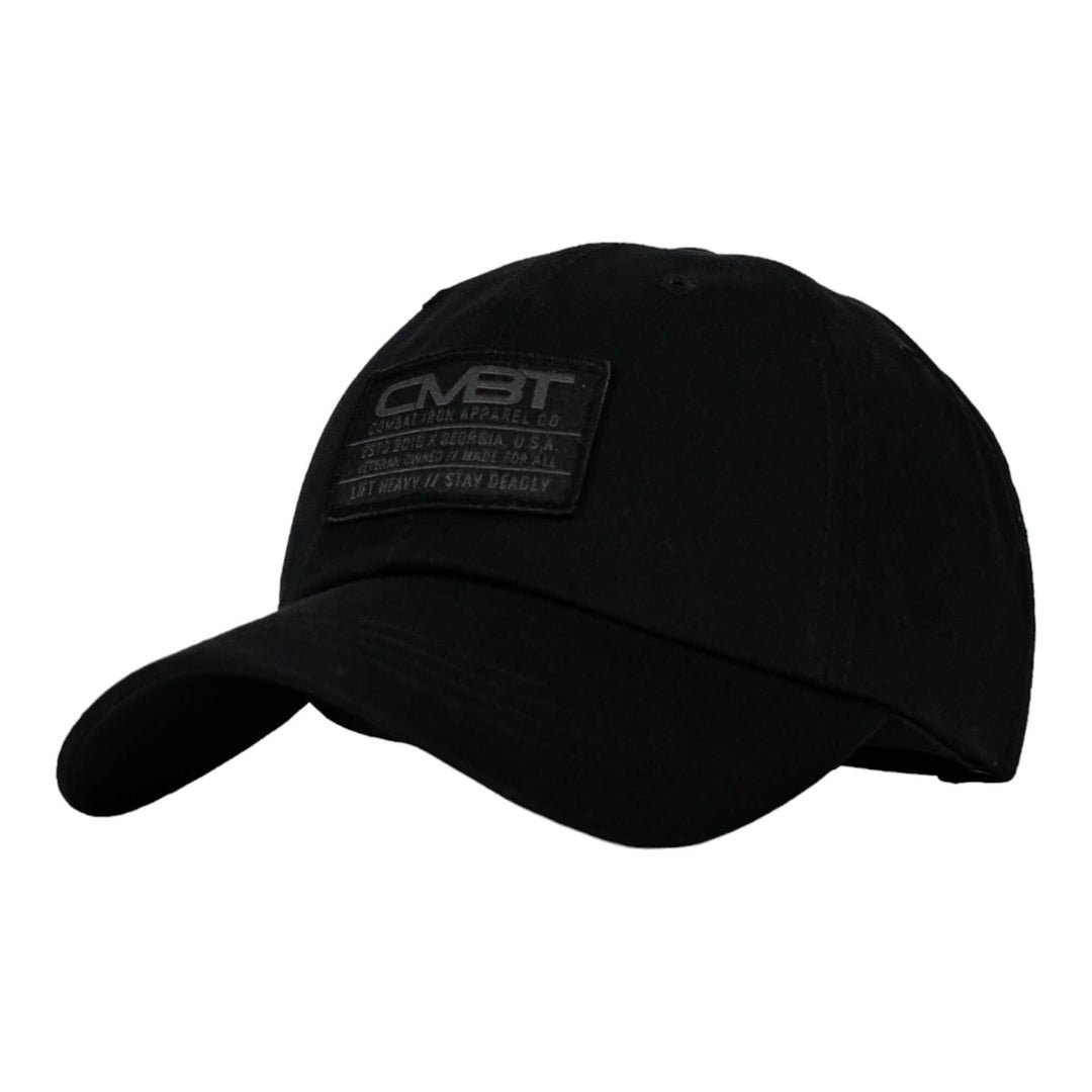 CMBT subdued tactical woven patch dad hat in dark camo print #color_black