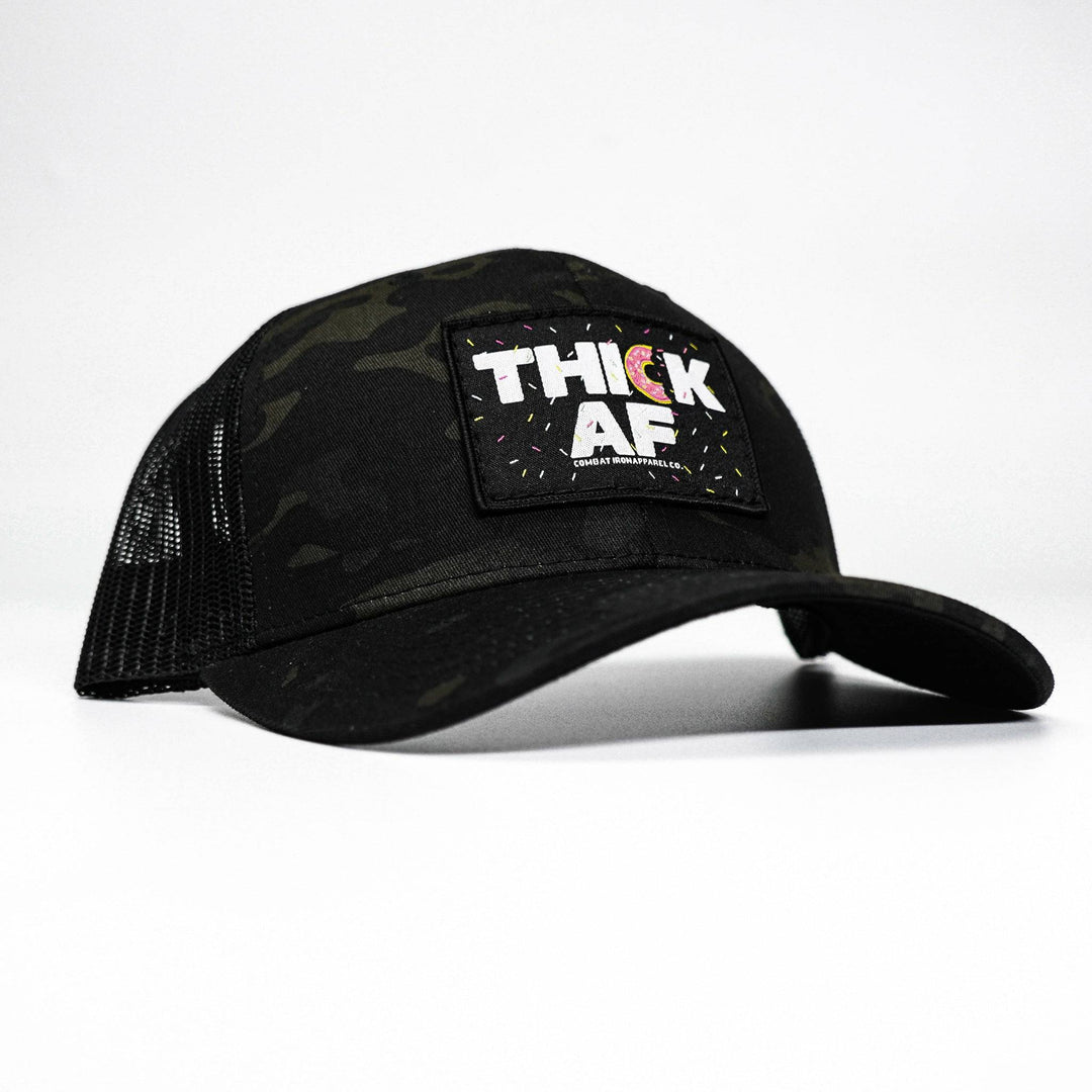 Thick AF donut edition patch mid-profile mesh snapback hat in dark camo with pink and white details #color_black-bdu-black