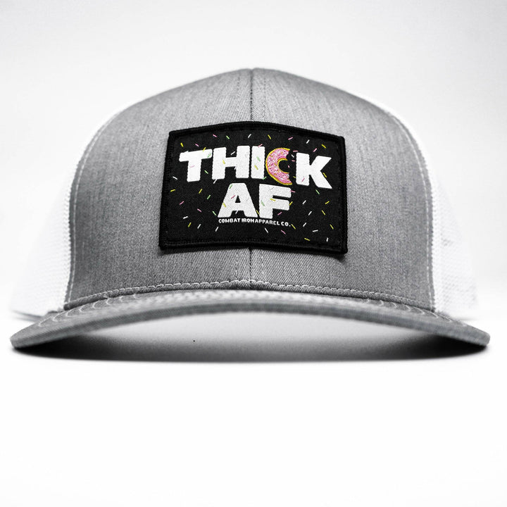 Thick AF donut edition patch mid-profile mesh snapback hat with pink and white details #color_gray-white