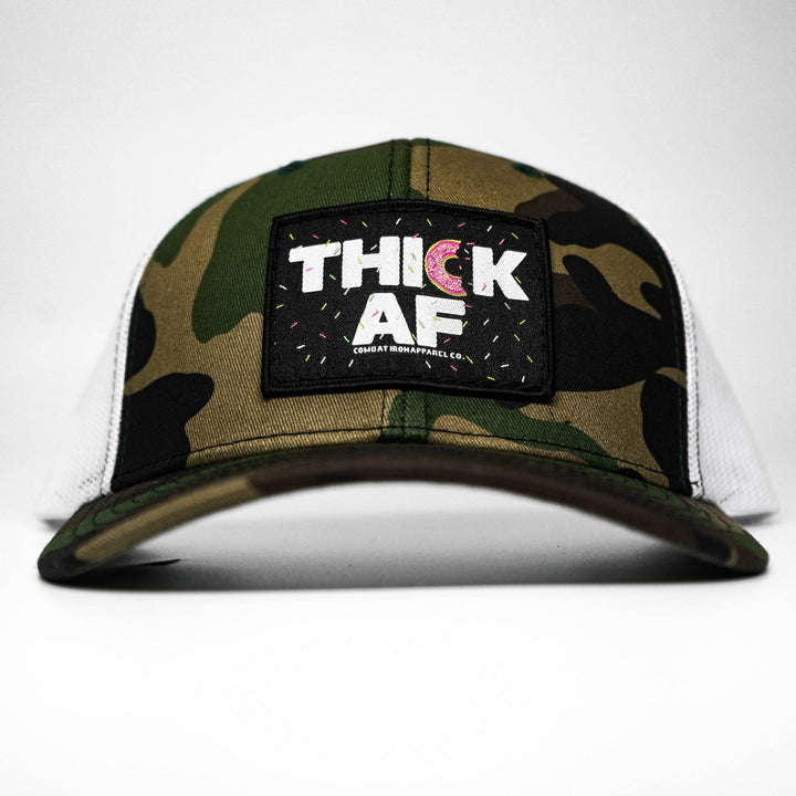 Thick AF donut edition patch mid-profile mesh snapback hat with pink and white details #color_bdu-camo-white