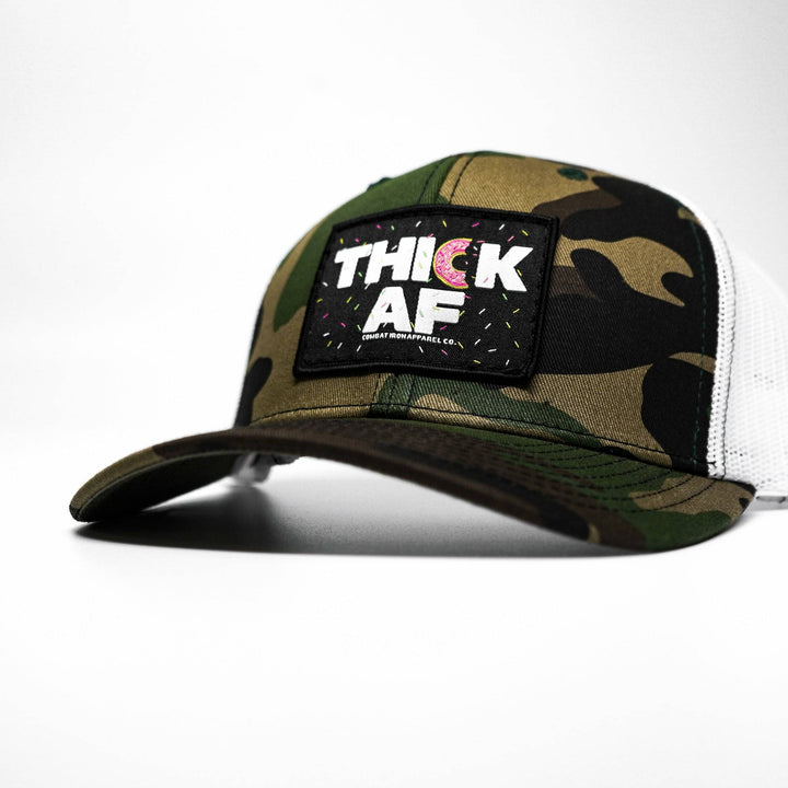 Thick AF donut edition patch mid-profile mesh snapback hat with pink and white details #color_bdu-camo-white