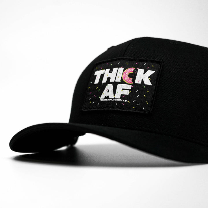 Thick AF donut edition patch mid-profile mesh snapback hat with pink and white details #color_black-black