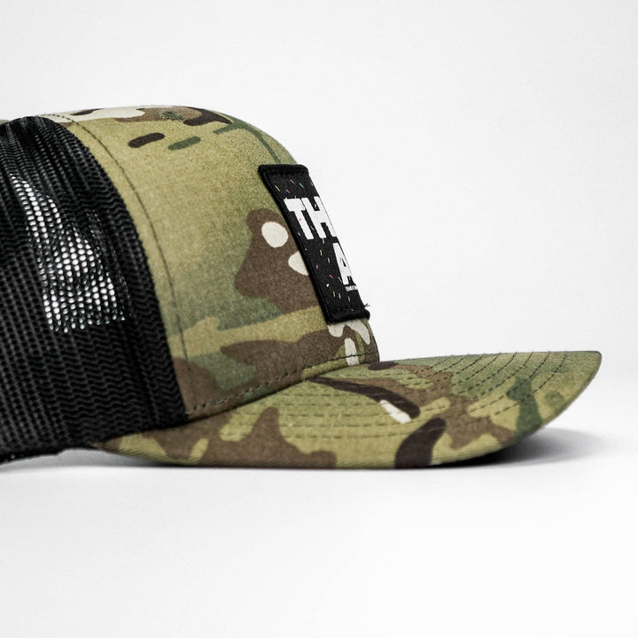 Thick AF donut edition patch mid-profile mesh snapback hat with pink and white details #color_multicam-black