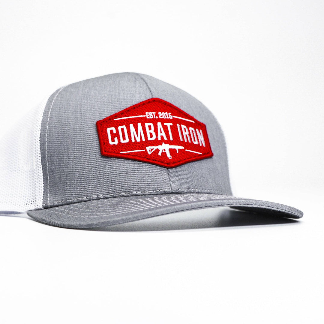 Combat branded patch mid-profile mesh snapback with a black and white patch on the front #color_gray-white