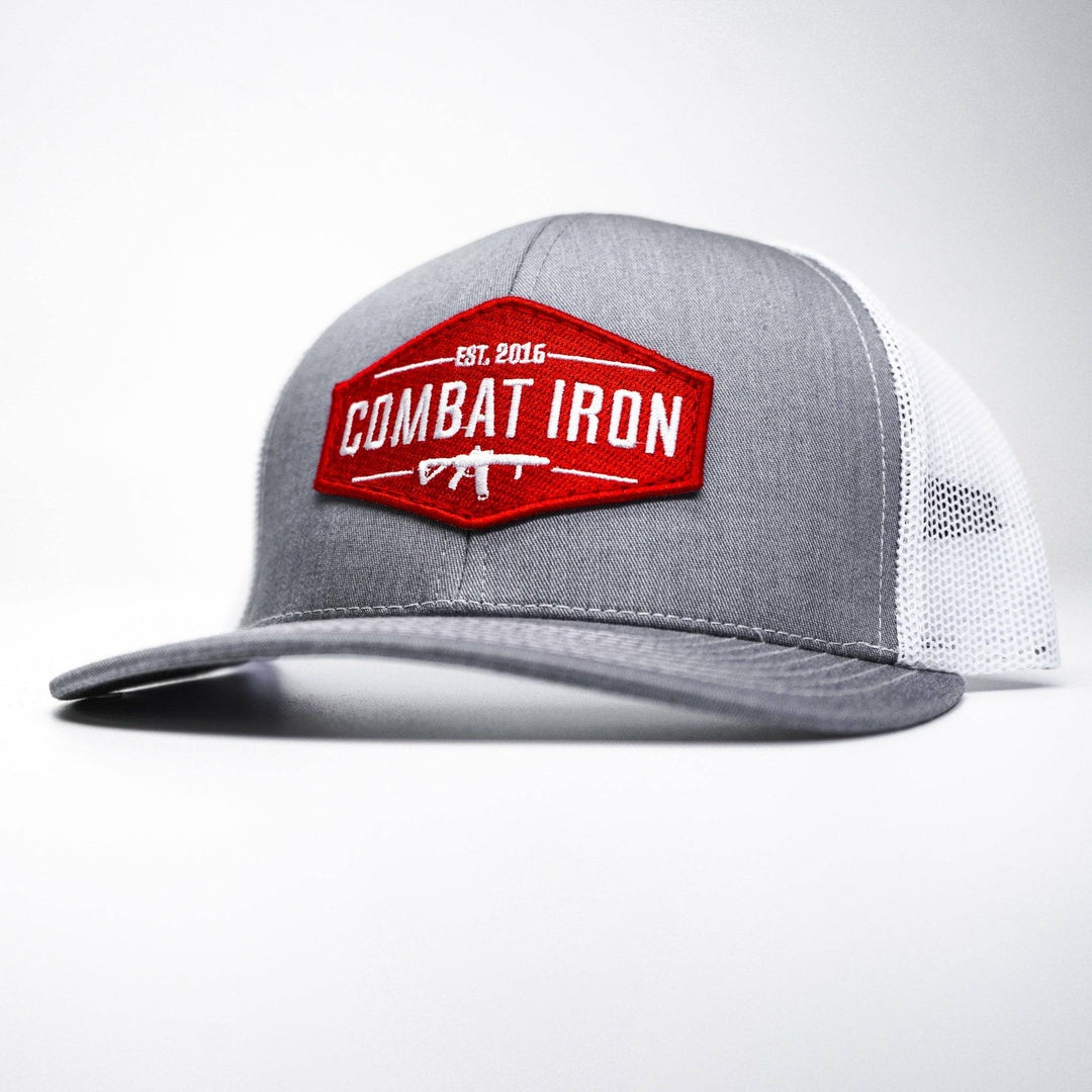 Combat branded patch mid-profile mesh snapback with a black and white patch on the front #color_gray-white