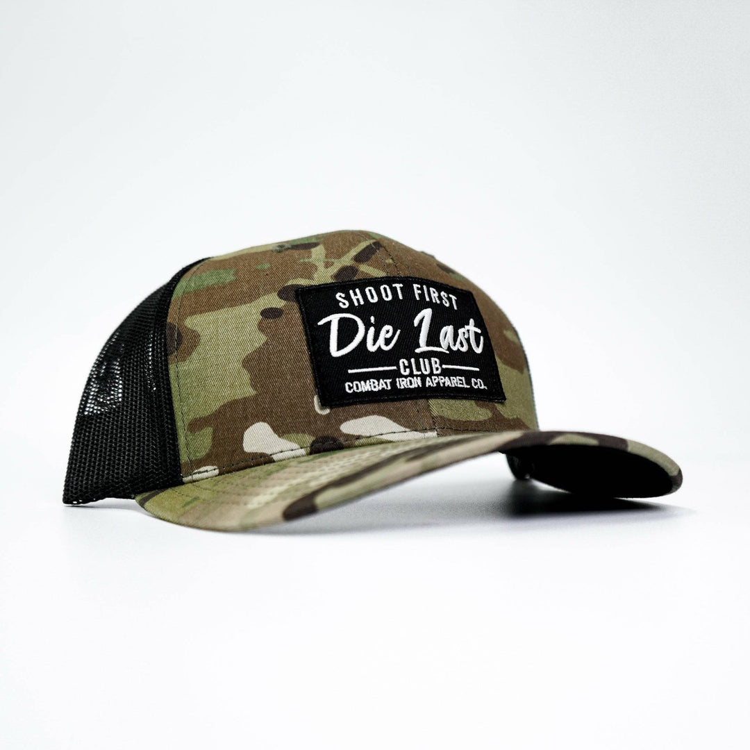 Shoot first. Die last. Club patch mid-profile mesh snapback  #color_multicam-black