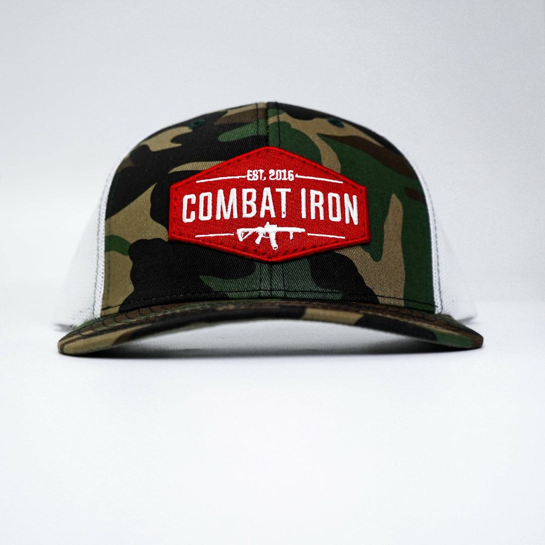 Combat branded patch mid-profile mesh snapback with a black and white patch on the front #color_bdu-camo-white