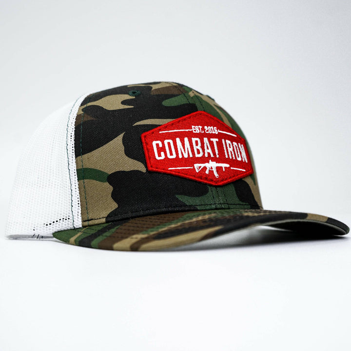 Combat branded patch mid-profile mesh snapback with a black and white patch on the front #color_bdu-camo-white