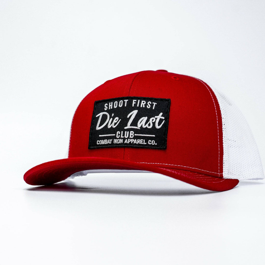 Shoot first. Die last. Club patch mid-profile mesh snapback  #color_red-white