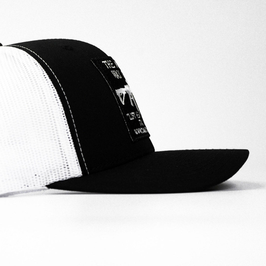 Black patch edition mid-profile mesh snapback hat saying “AWOL - American way of life, 5.56” #color_black-white