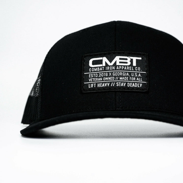 CMBT standard black woven patch mid-profile mesh snapback hat in black with a black and white patch on the front #color_black-black