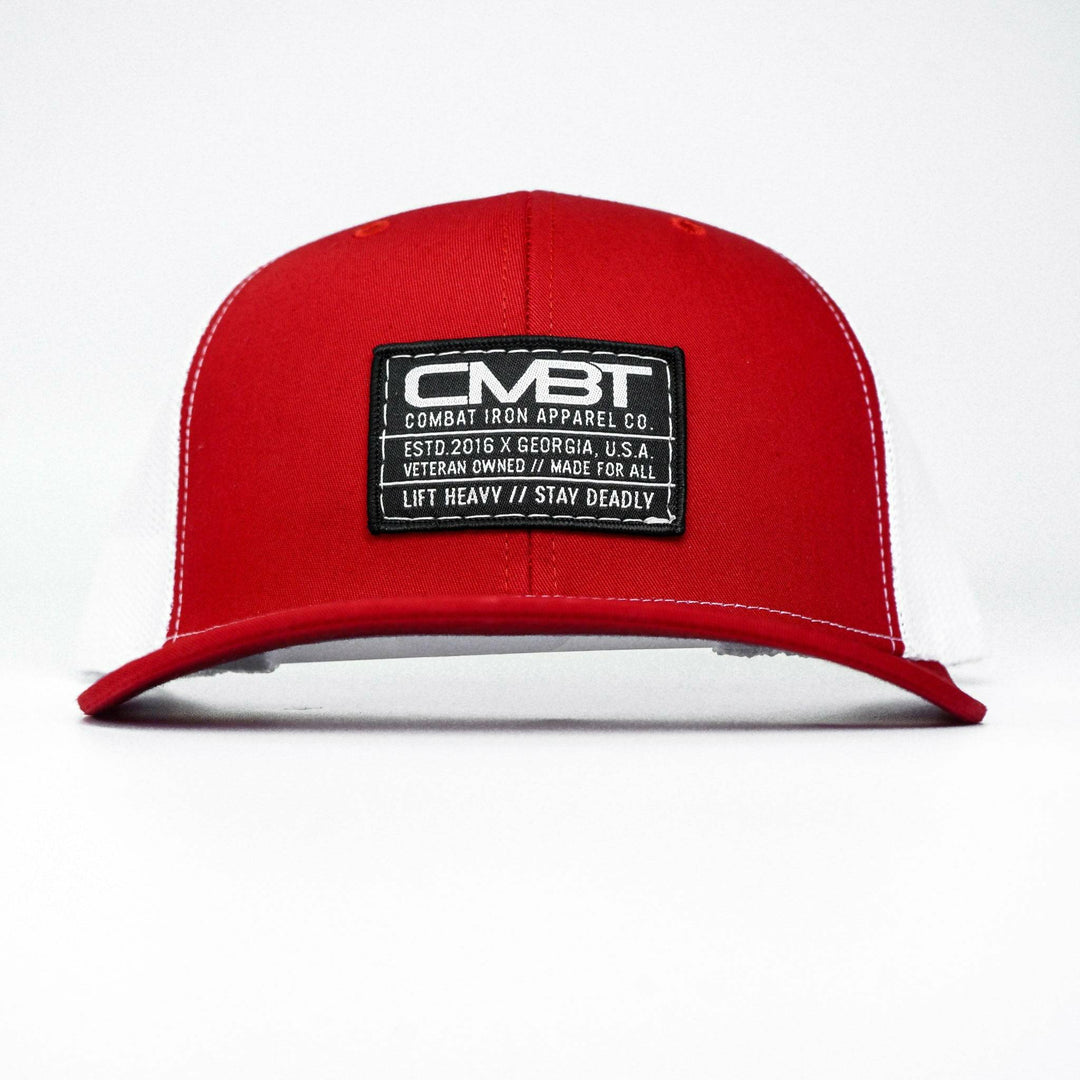 CMBT standard black woven patch mid-profile mesh snapback hat in black with a black and white patch on the front #color_red-white