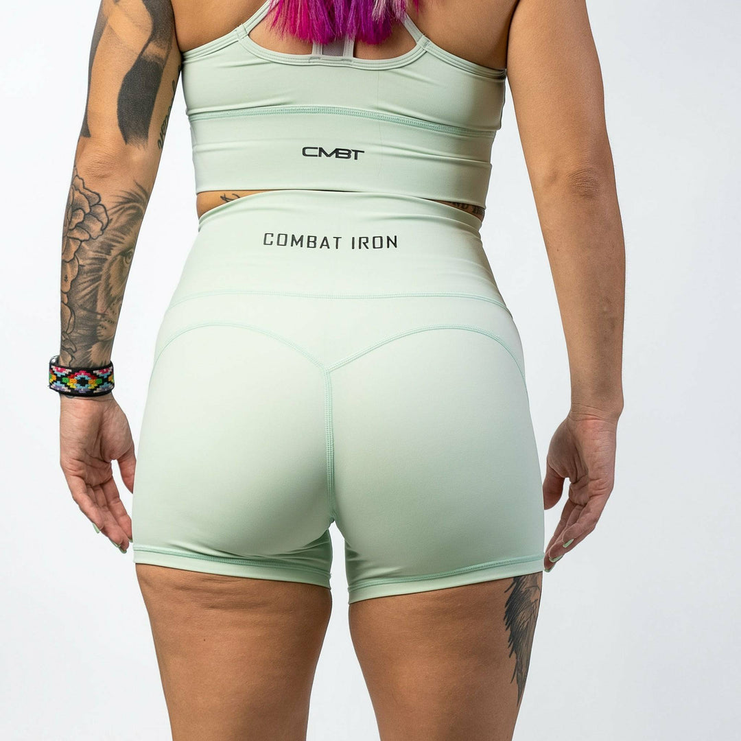 Ladies' luxe high-waisted shorts for women, all mint with the CMBT logo #color_mint