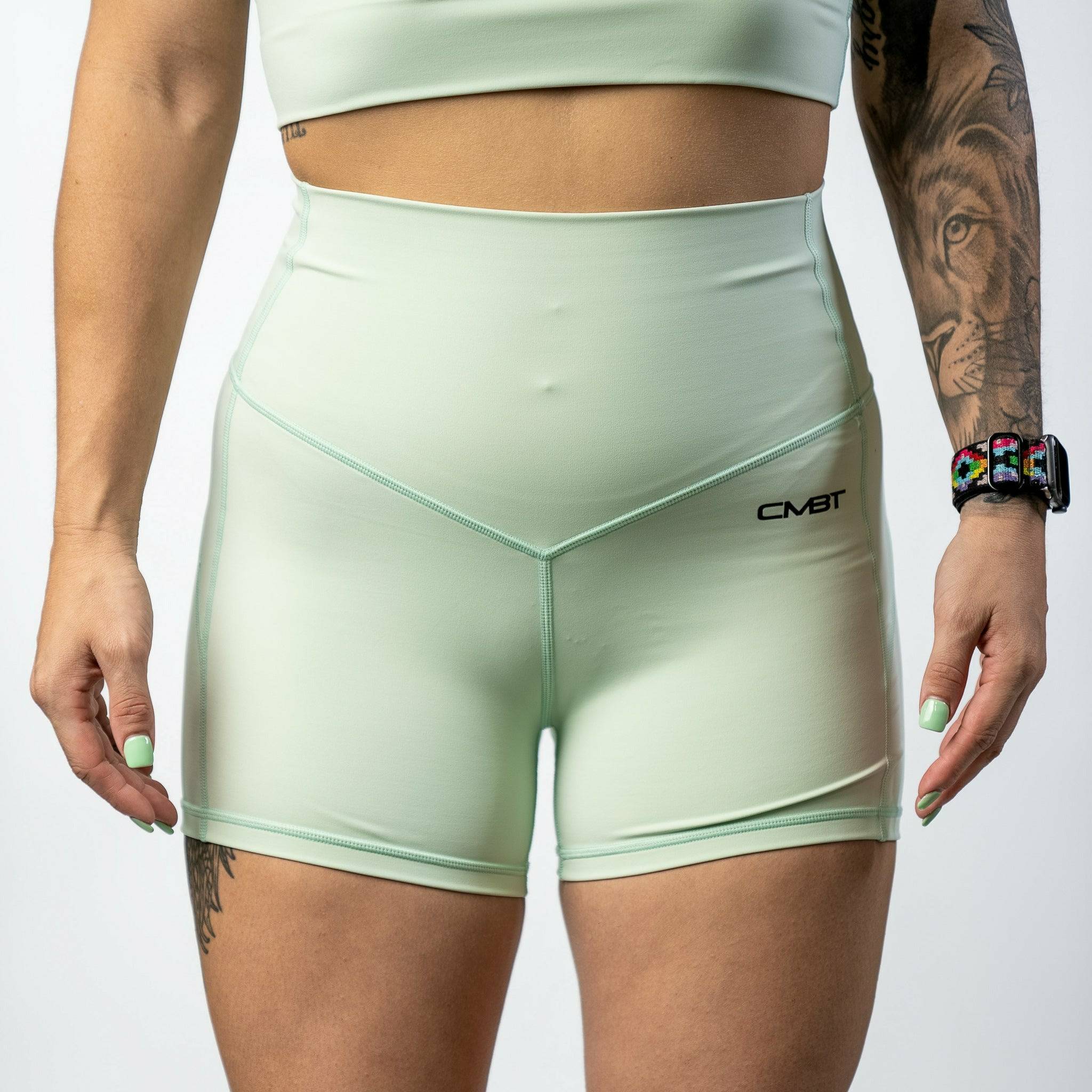 Ladies' luxe high-waisted shorts for women, all mint with the CMBT logo #color_mint