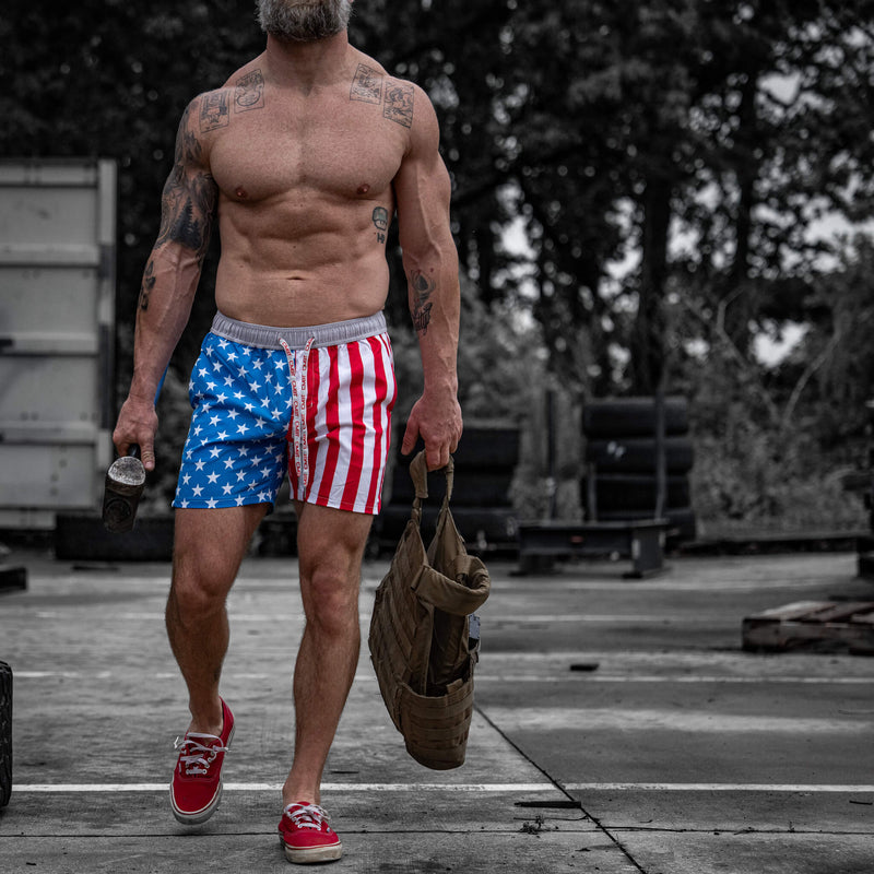 Men's workout shorts perfect for weight lifting and swimming. #color_american-flag
