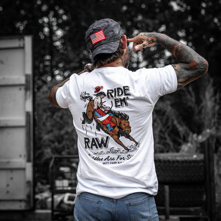 Ride 'Em Raw - Saddles Are For Sissy's Men's T-Shirt - Combat Iron Apparel Co.