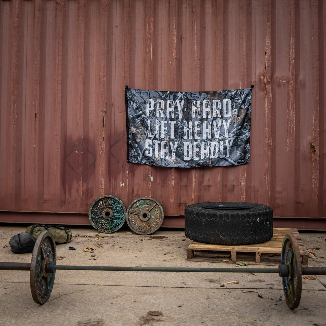 Pray Hard. Lift Heavy. Stay Deadly. 3' x 5' Flag