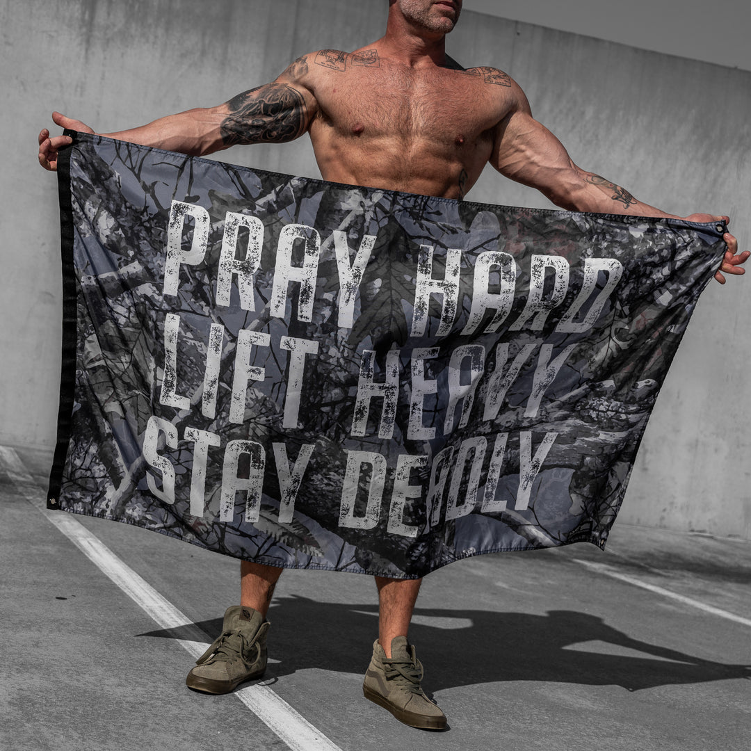 Pray Hard. Lift Heavy. Stay Deadly. 3' x 5' Flag