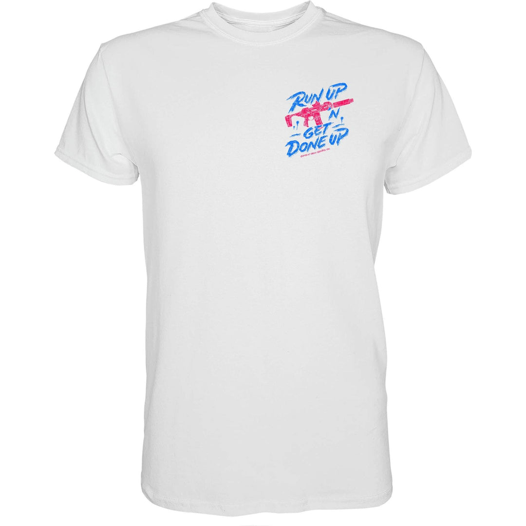 Men’s t-shirt with the message “Run up ‘n get done up” with an AR  #color_white