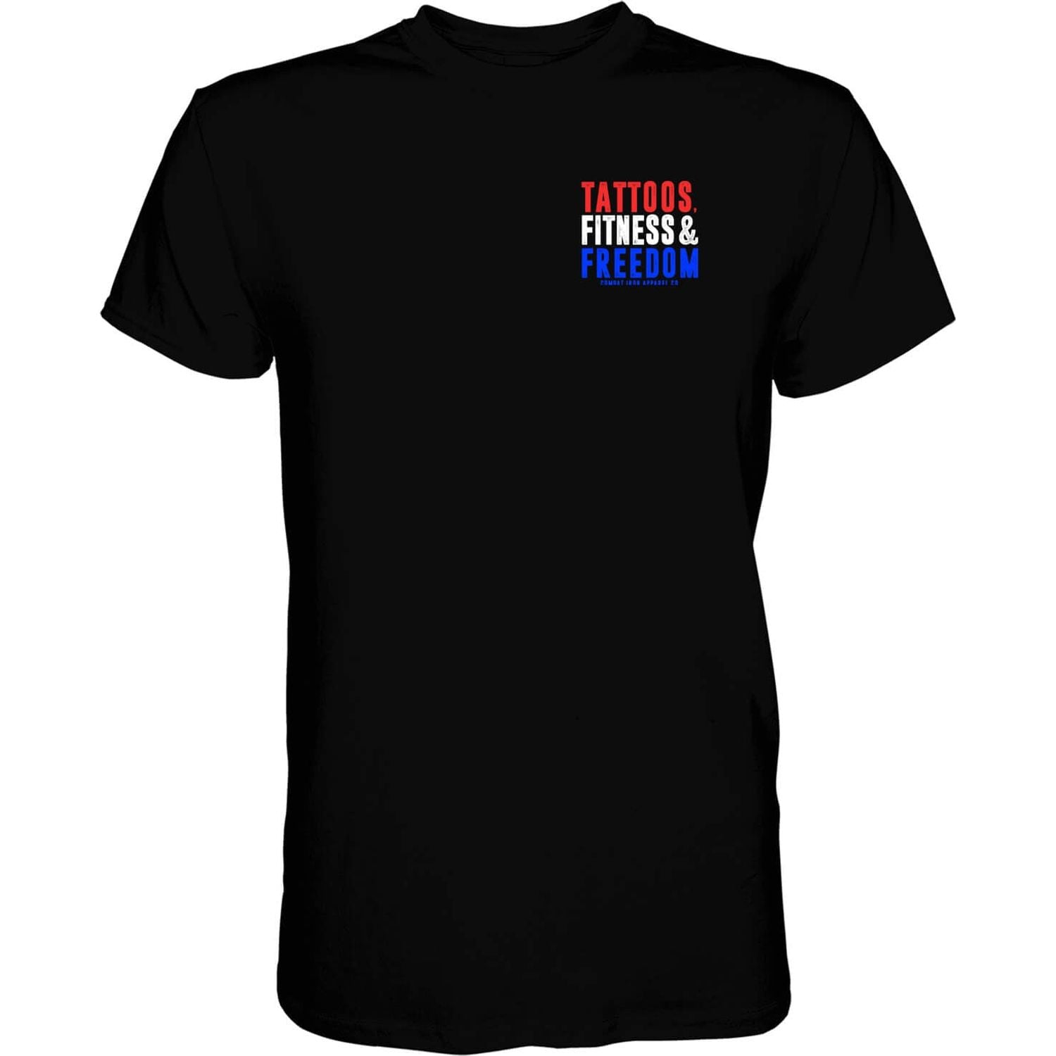 Men’s black t-shirt with the words “Tattoos, fitness & freedom” in red, white, and blue on the front #color_black